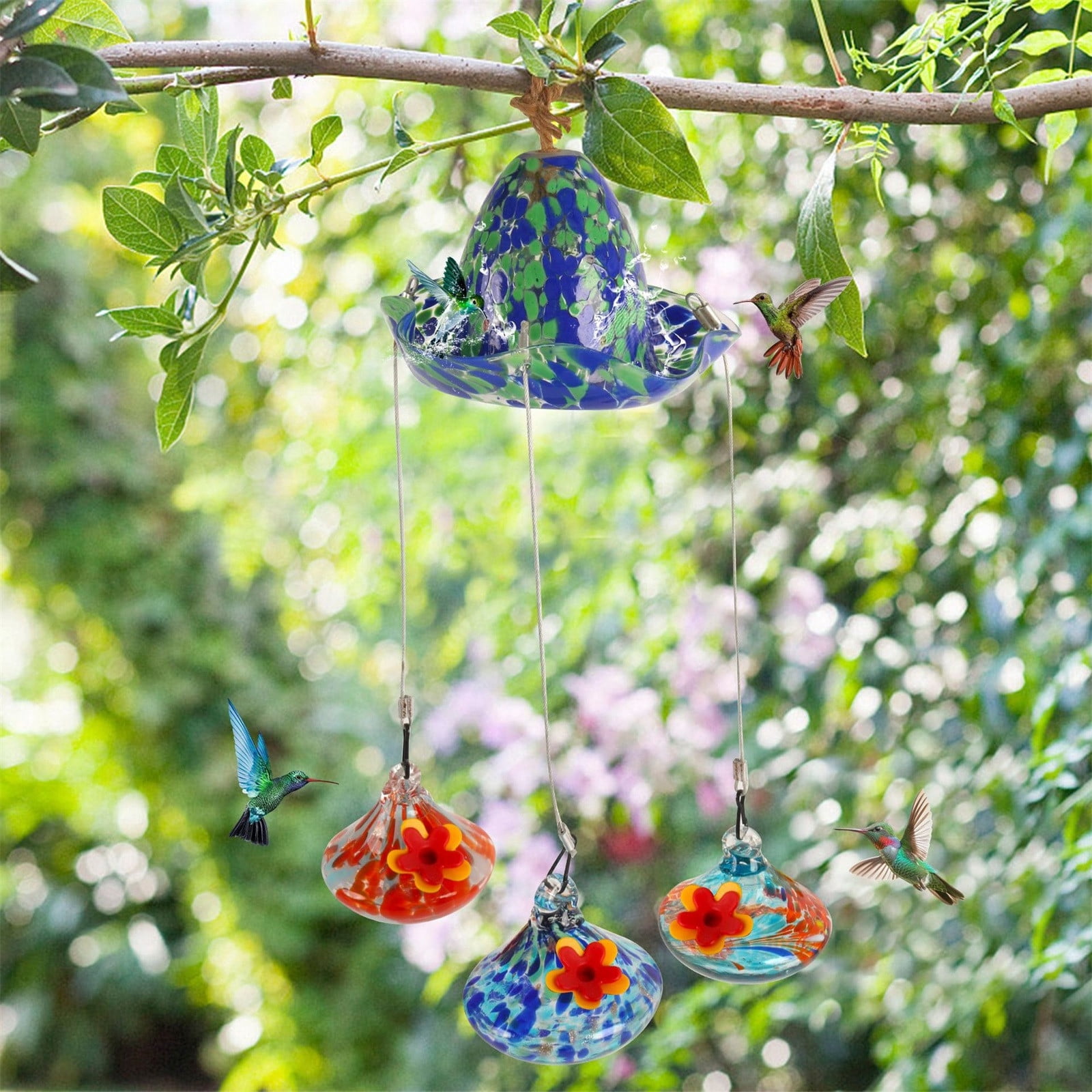 Kugisaki Hanging Bird Bath with 3 Pack Glass Hanging Hummingbird Feeders for Outdoors Glass Humming Bird Feeders Garden Decor for Outside