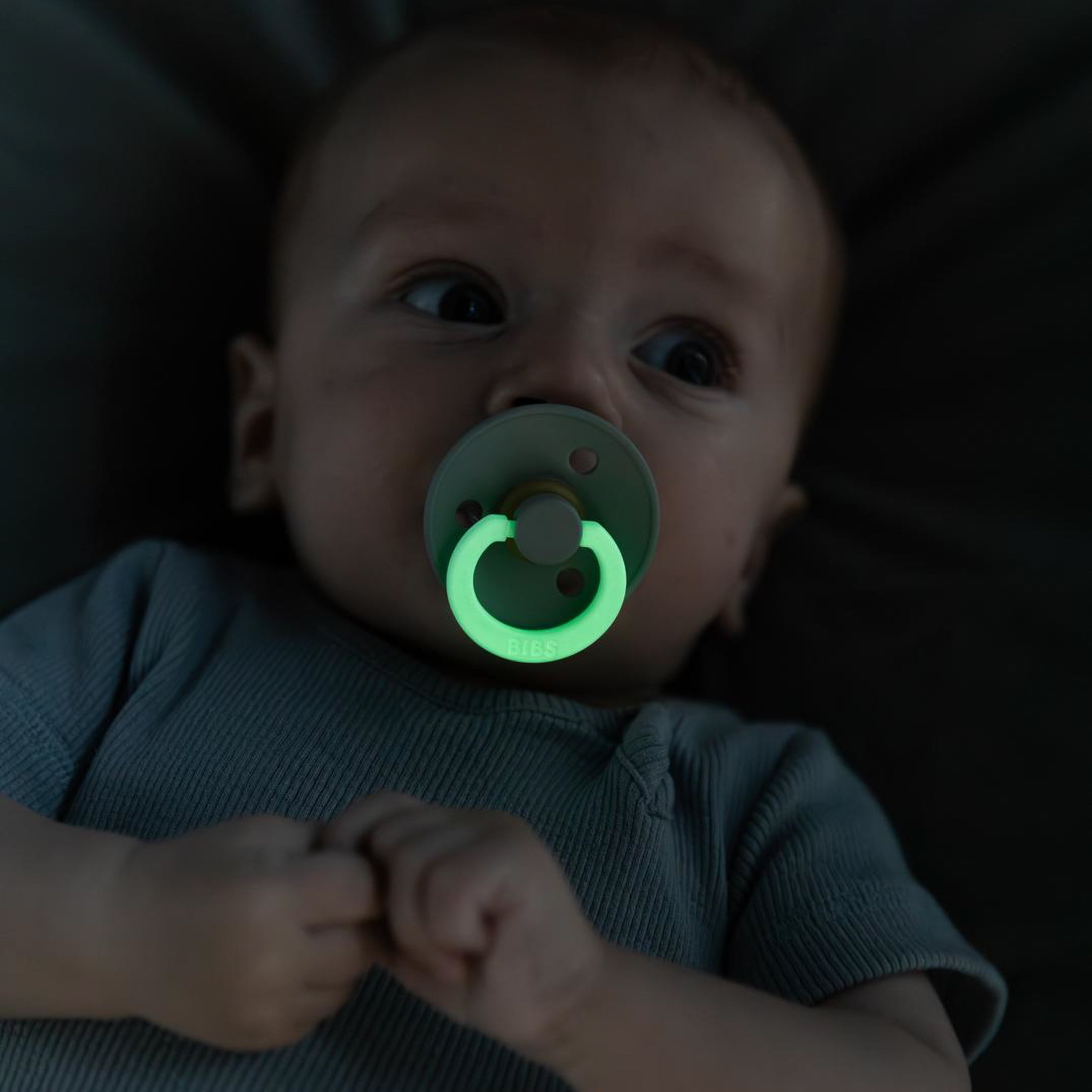 BIBS Colour Glow in The Dark Latex Pacifier Size 2, 6,18 Months, Iron/Baby Blue, 2 Pack