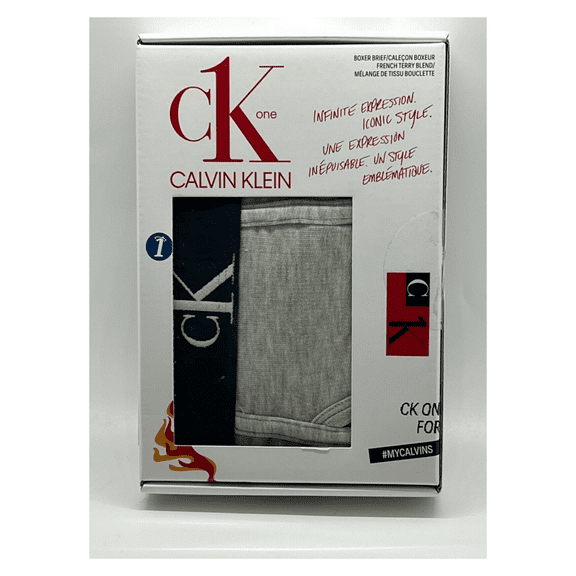 Calvin Klein Men's CK ONE French Terry Blend Boxer Brief Gray with navy band, L