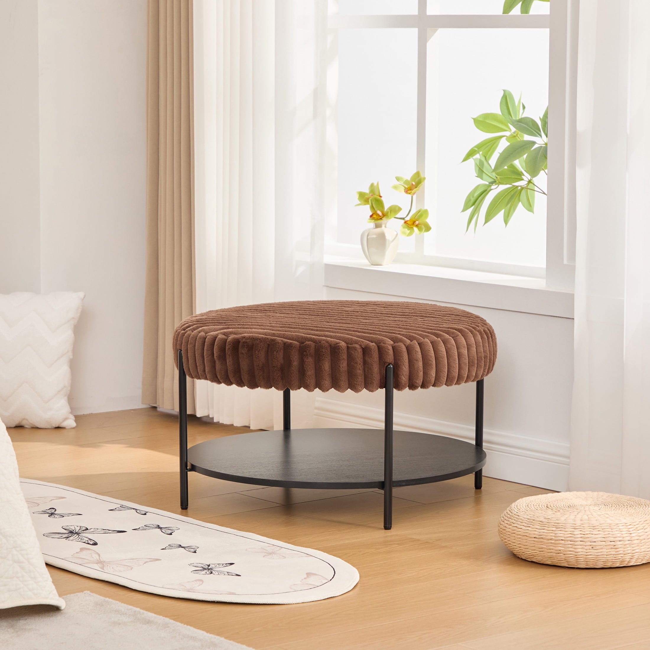 Noble House Camlyn 30.9" Faux Fur Round Ottoman Coffee Table, Footrest with Black Metal Legs & Storage Shelf, Brown