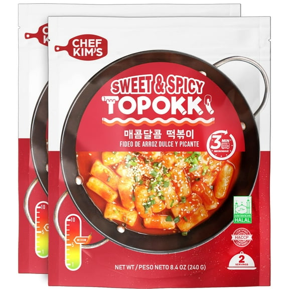 Chef Kim’s Sweet SCH4 & Spicy Topokki - Iconic Korean Food Snack, Instant Tteokbokki Rice Cakes in a Savory Gochujang Sauce, Ready-to-Eat Meals, 8.4 Oz (Pack of 2)