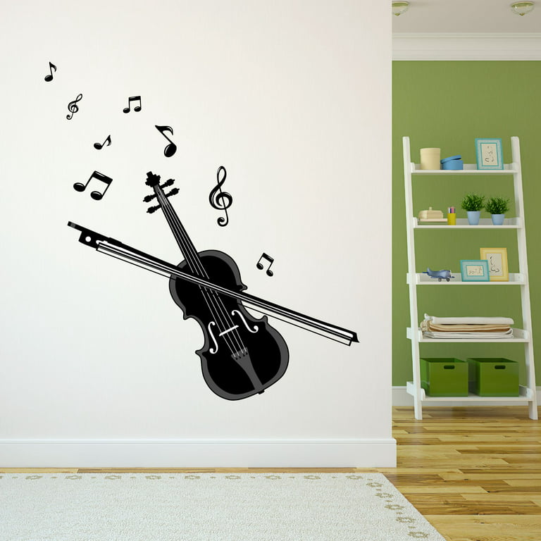 Music Wall Decal Violin Silhouette with Musical Notes Playroom Wall Decal  for Children Instrument Cute Themed Room Décor - Size: 18 In x 20 In
