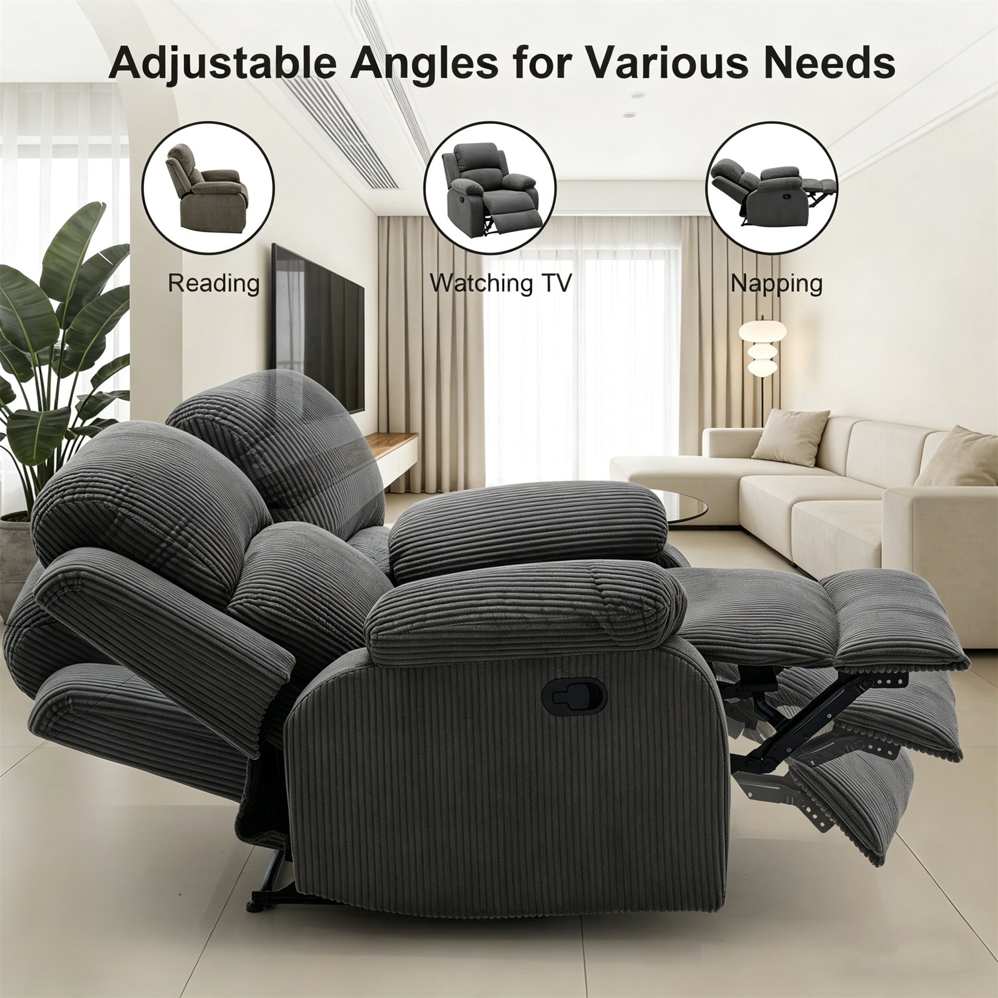 Aukfa Manual Recliner Chair Single Sofa Armchair for Living Room, Bedroom, Corduroy, Dark Gray