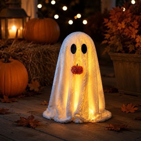 1Pack Halloween Decorations Outdoor, Lighted Sherpa Ghosts Halloweens Party Decoration Indoor, Spooky Ghost with Pumpkin, Halloween-Ghost Lights for Porches Yards Gardens Lawn