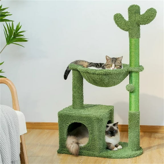 Pefilos 39" Cactus Cat Tree Tower for Multiple Cats, Indoor Cat Tree House with Sisal Covered Scratching Post, Cat Condo, Green
