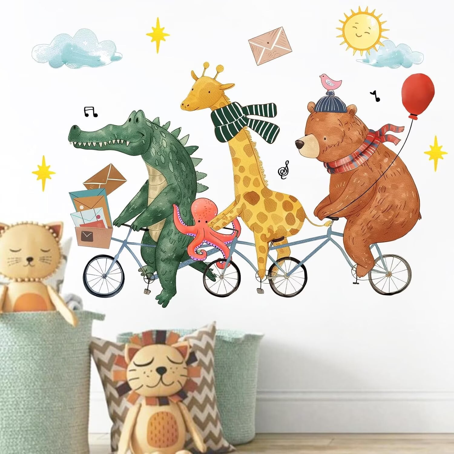 Watercolor Cycling Animal Wall Decal, Crocodile Giraffe Bear Riding Bicycle Wall Sticker, Cute Cartoon Animal Peel and Stick Vinyl Mural for Kids Nursery Playroom Wall Decor