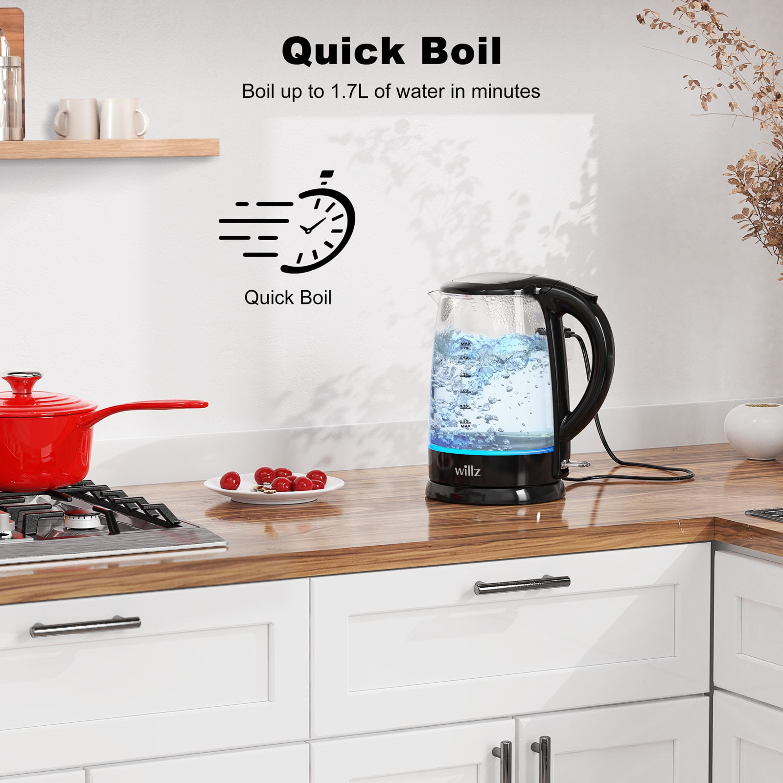 Willz Electric Glass 1.7L 1500W Kettle with Heat Resistant Handle and Quick Boil Technology in Black
