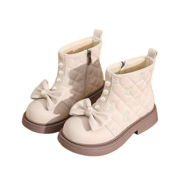 SZJXBUY Cowboy Boots Girl Winter Warm Cozy Ankle Boot Cute Casual Pearl Bow Side Zip Comfort Princess Shoes White,6 Years