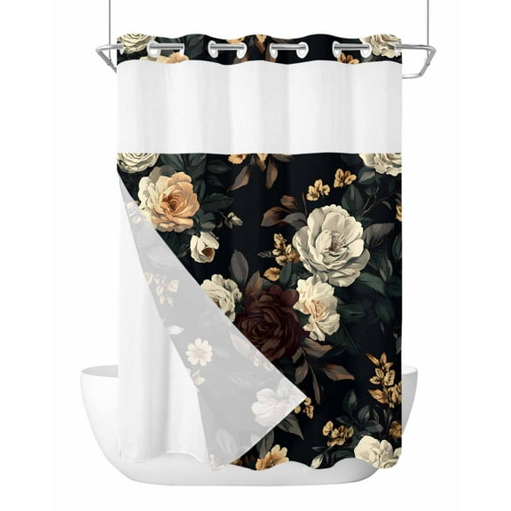 No Hook Shower Curtains with Snap in Liner, Vintage Black Floral Waterproof Fabric Shower Curtain, Spring Seasonal Botanical Blooms Double Layers & See-Through Top Window Bathroom Curtains 72''x84''