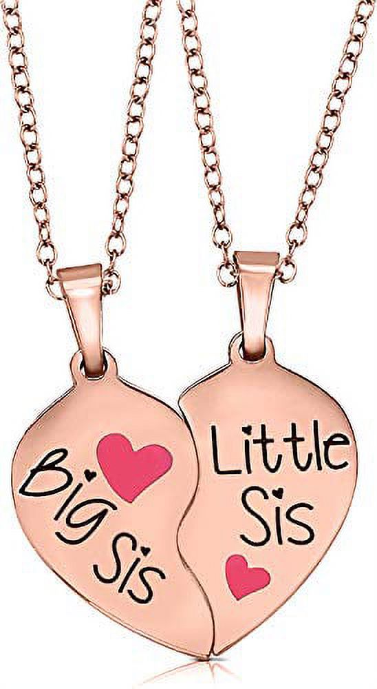 Big Sis & Lil Sis Valentines Heart Necklace Gift for Girls, Teens, Women, Kids, Big & Little Sisters, Granddaughter, Daughter Jewelry Presents (Rose Gold Tone/Pink Hearts) - image 2 of 3