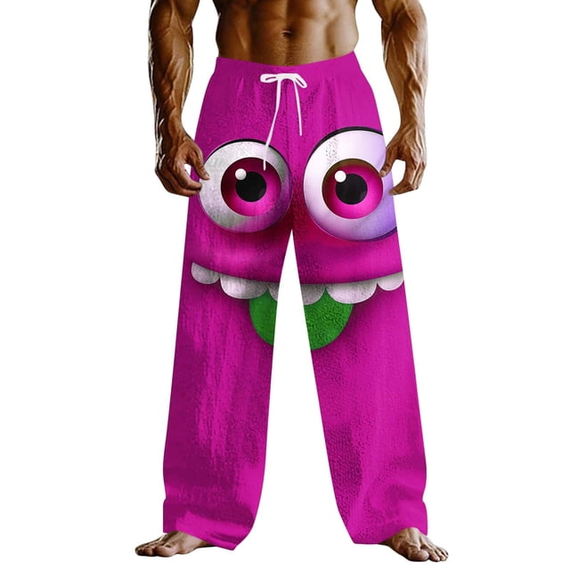 Wo-Fusoul Pants for Men, Loose Fit Casual Trousers with Elastic Drawstring Waist and Pockets, Mid Rise Cartoon Smiling Face Design, for Outdoor Vacation and Home