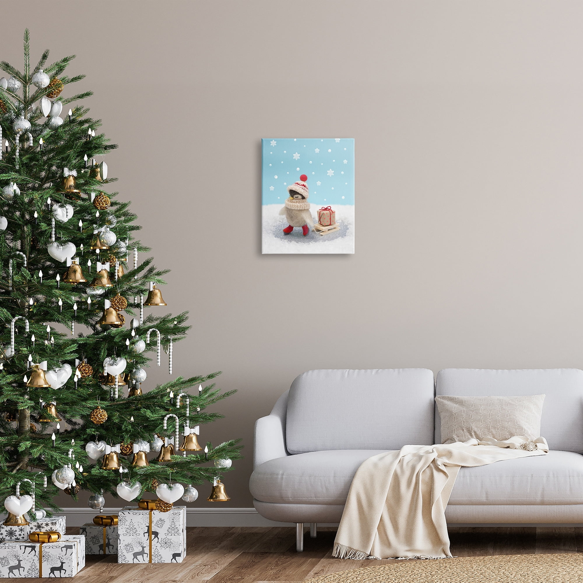 Stupell Industries Penguin Christmas Present Sled Holiday Photography Gallery Wrapped Canvas Print Wall Art