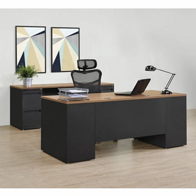 Carbon Executive Desk and Credenza Set Planed Teak