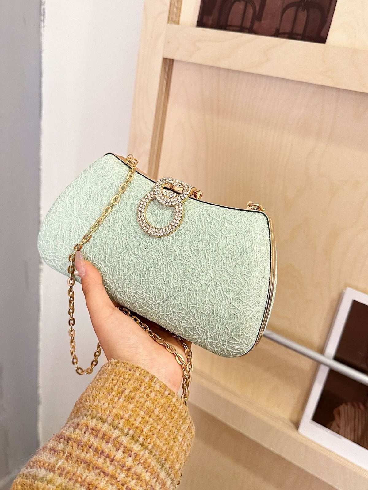 Women's Fashion Evening Bag Rhinestone Decrated Clutch Handbag with Chain