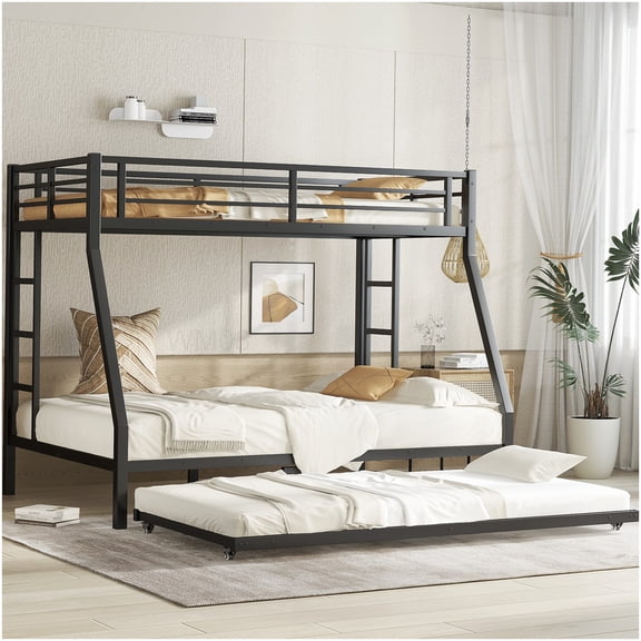 CHAMPFLAG Space Saving Triple Bunk Bed with Trundle, Twin on Top Full Bottom Bed & Storage, Metal Frame in Black