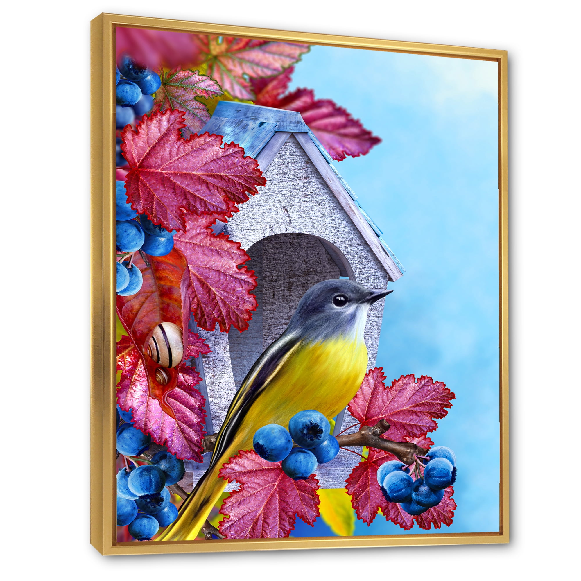 Designart 'Titmouse Bird Sitting On A Berries Branch Near A Birdhouse' Traditional Framed Canvas Wall Art Print