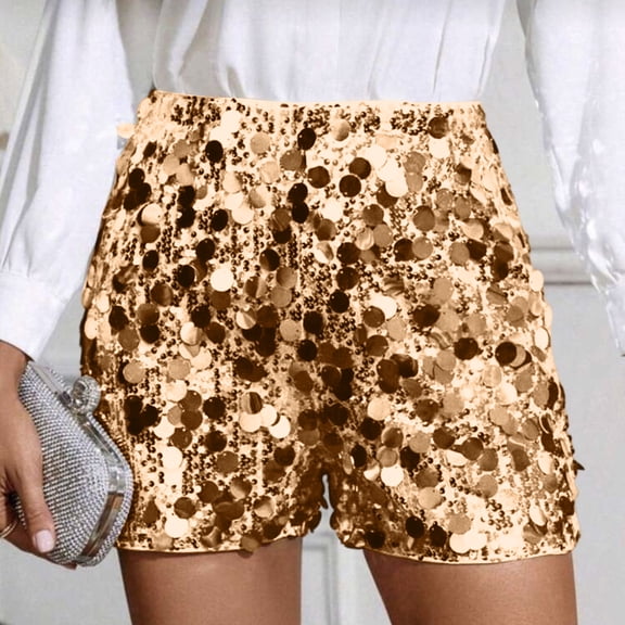 Women's Contrast Sequin Elastic Waist Sparkly Party Mini Shorts Gold M