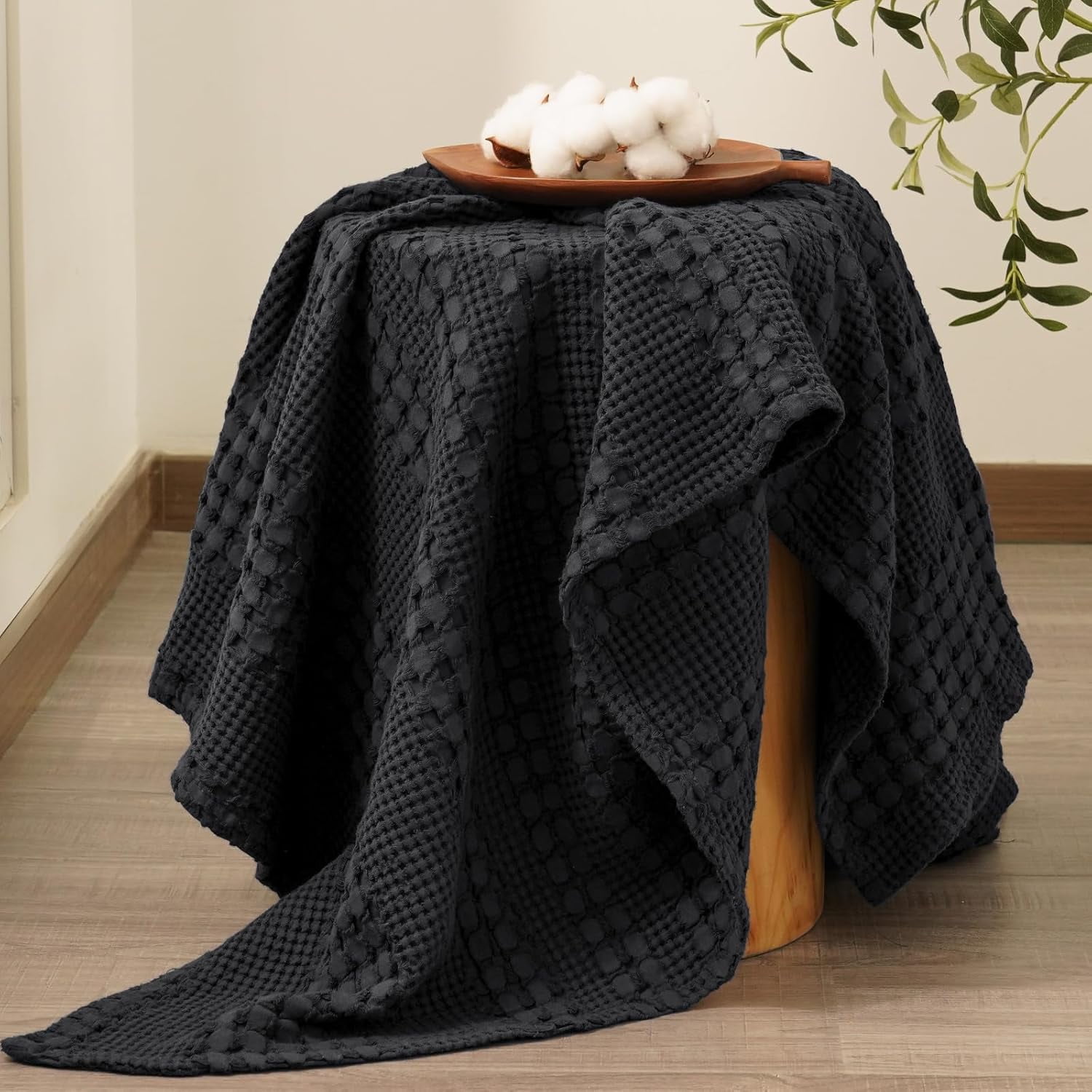 PHF 100% Cotton Waffle Weave Blanket, Lightweight Throw Washed Blanket for Bed Sofa Home Decor, Black, 50"x60"