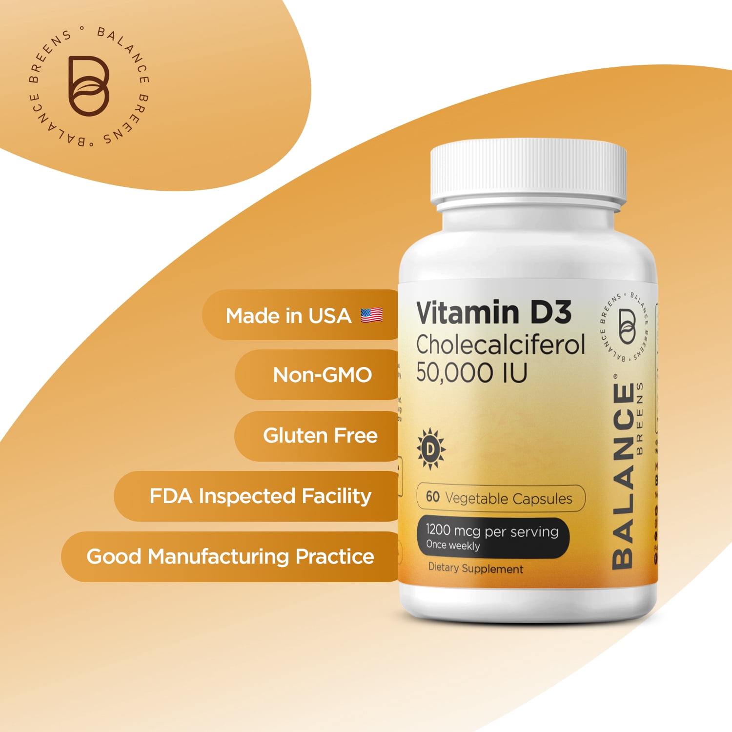 Vitamin D3 50,000 IU - 60 Veggie Capsules - High Potency Gluten, Free Non-GMO Supplement by Balance Breens