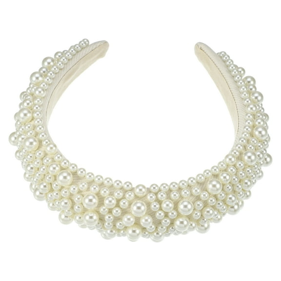 Unique Bargains Pearls Padded Headband Sponge Wide Brim Headband Women Hairband White