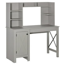 SAZYY Light Grey Computer Desk with Bookshelves and Cabinet, Home Office Desk with Ample Storage, All-in-One Study Table Workstation, Modern Design
