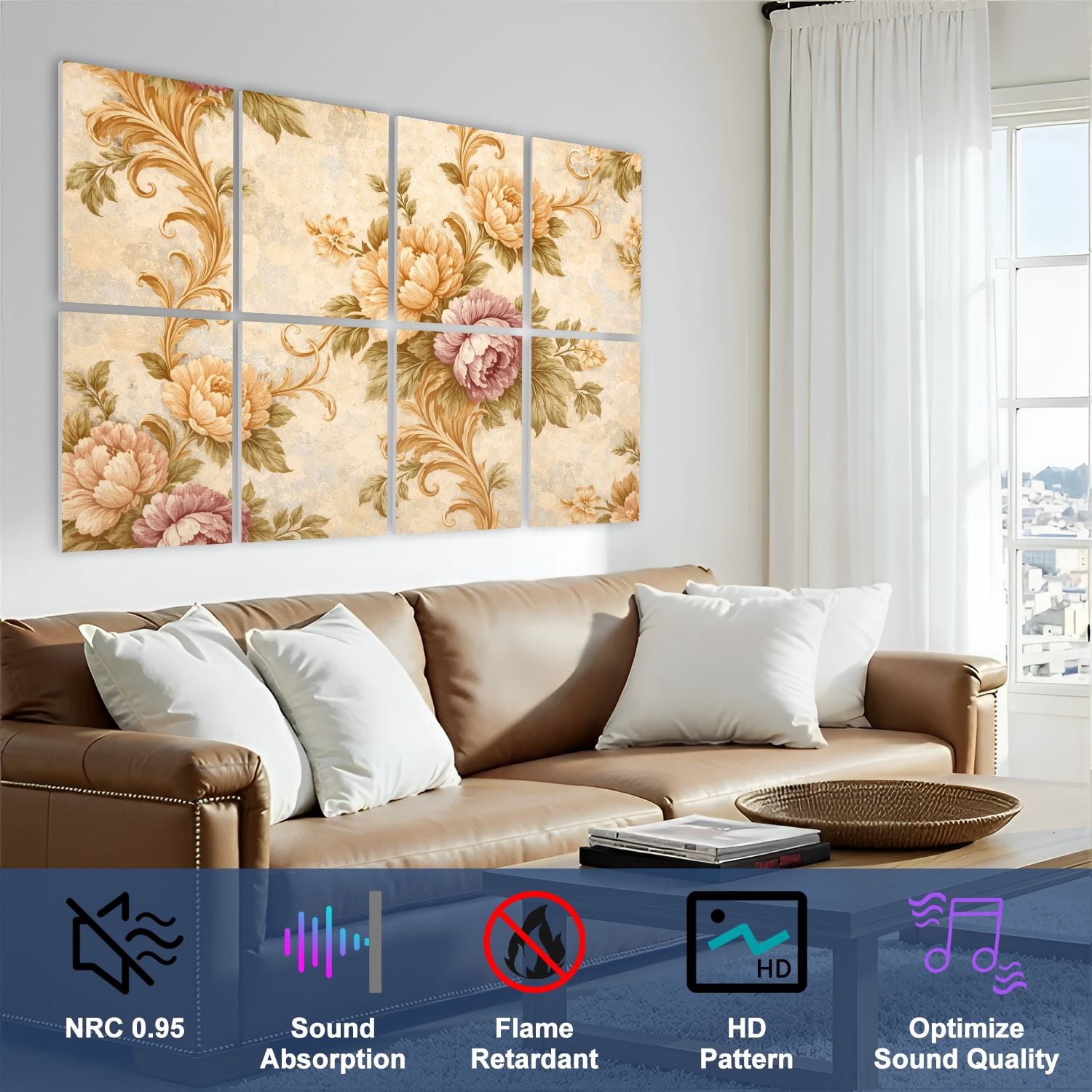 8 Pack Art Acoustic Panels Sound Absorbing Close up beige vintage floral Decorative Soundproof Wall Panels Self Adhesive for Nursery Game Room Bedroom 48"x32"