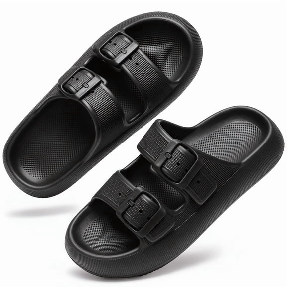 BERANMEY Double Buckle Adjustable Slides Sandals for Women and Men Casual Pillow Slippers for Women EVA Flat Slides Sandals