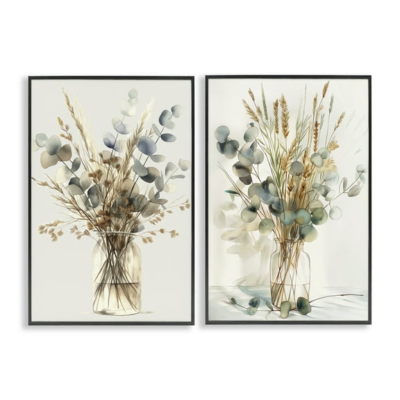 Stupell Industries Eucalyptus Jar Bouquets Plants & Flowers Painting Black Framed Art Print Wall Art, 12 x 18, Set of 2