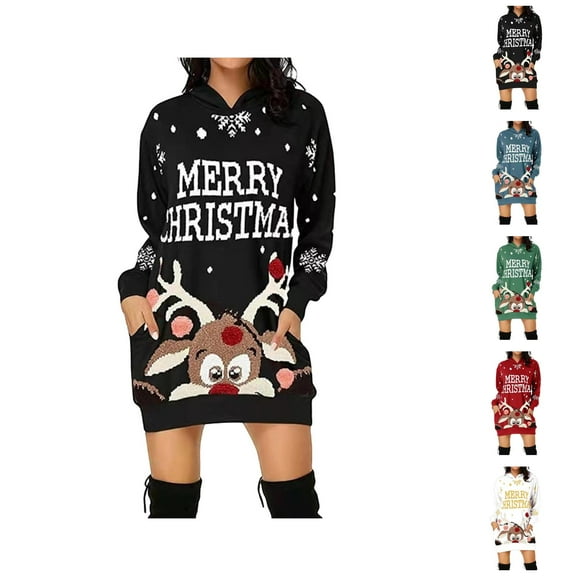 Merry Christmas Reindeer Hoodie Dress for Women 2025 Long Hooded Sweatshirt with Pockets Pullover Tops