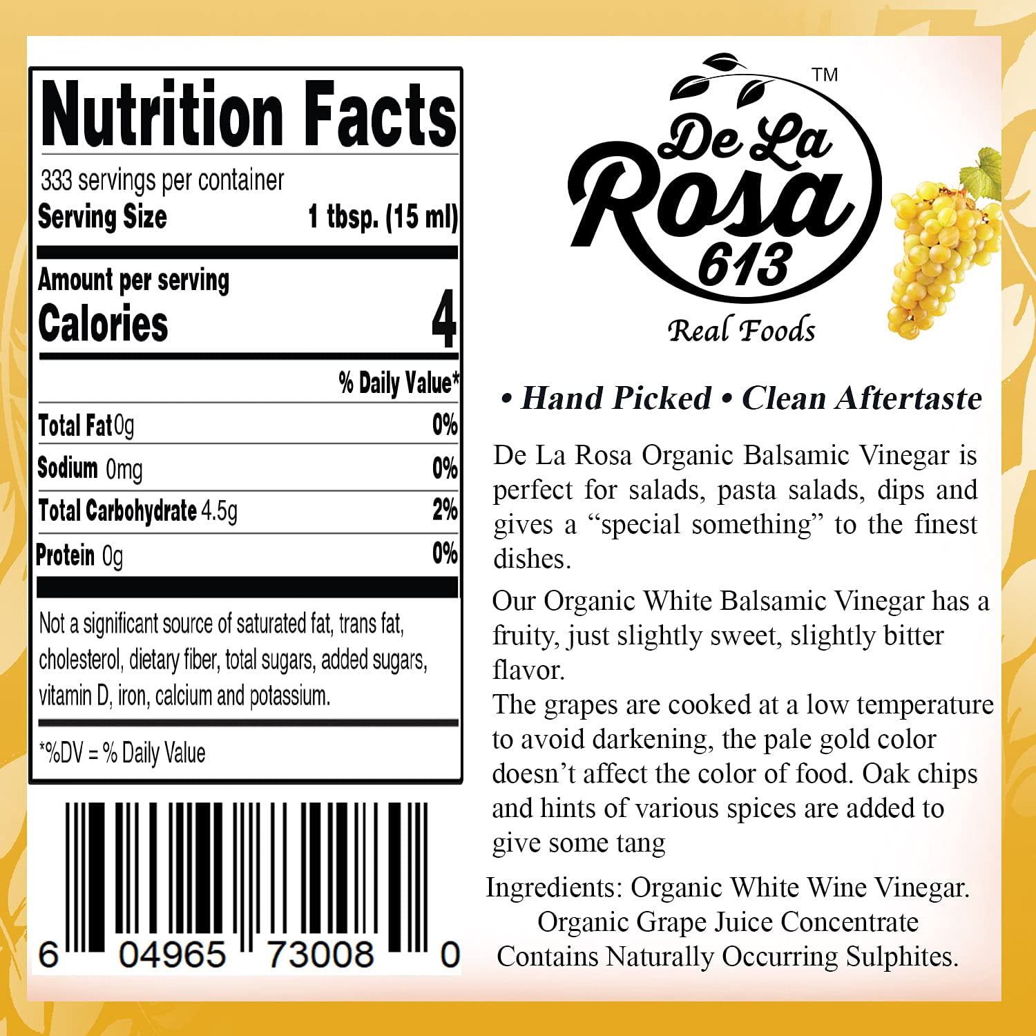 De La Rosa 613 Organic White Balsamic Vinegar, Vegan, 5 Liters