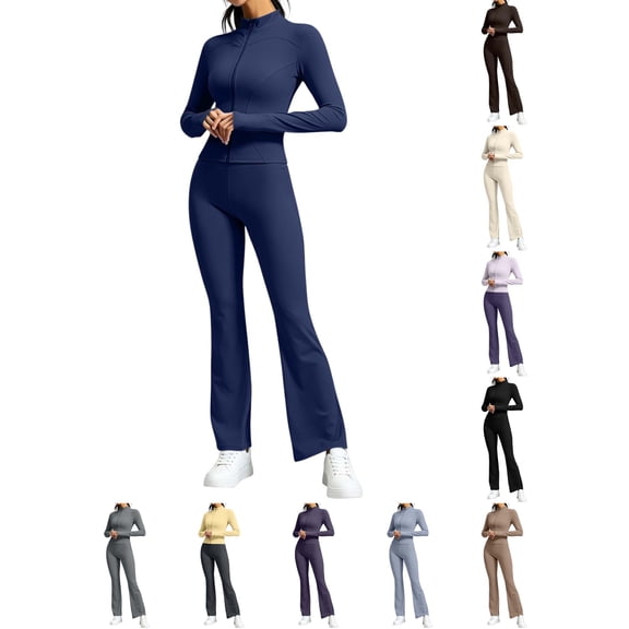DYTTDG Women's Solid-Color 2-Piece Tracksuit Set | Full-Zip Long-Sleeve Stand-Collar Sweatshirt & Elastic-Waist Flared Pants Outfit for Sports, Workout & Daily Casual Wear