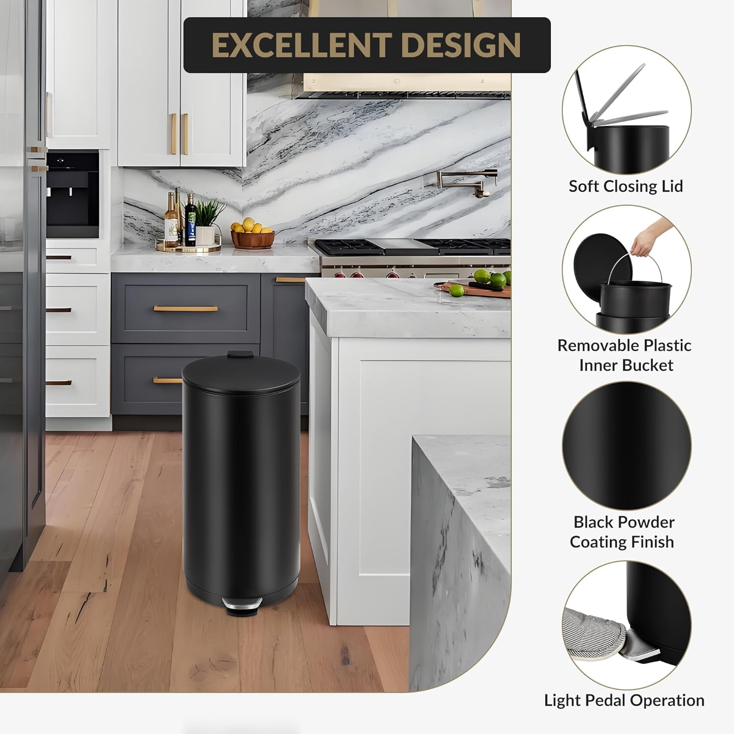 Home Kitchen 8 Gallon (30L) Step Trash Can, Round Bathroom Garbage Can with Lid and Foot Pedal, Kitchen Garbage Bin with Removable Inner Bucket for Home Bedroom Office