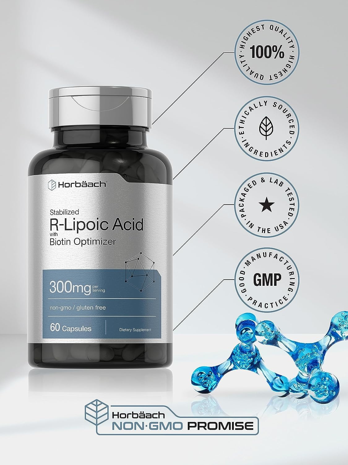 R Lipoic Acid 300mg Stabilized | 60 Capsules | Plus Biotin Optimizer | by Horbaach