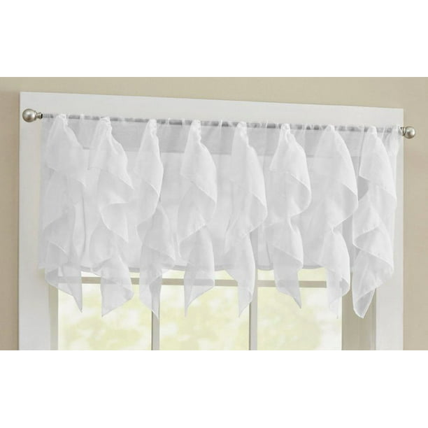 white lace curtains with attached valance