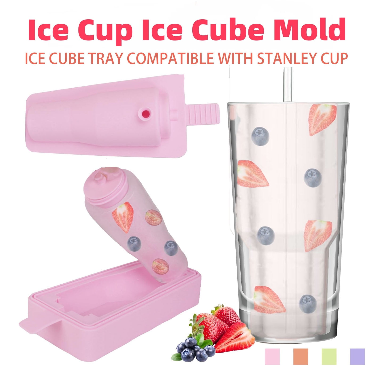 Rupoun Ice Cube Form Integrated Multifunctional Silicone Whiskey Cocktail Ice Maker Tray for Juice Coffee Cold Drink Freezer Molding 30 Oz to 40 Oz Tumbler Pink (11.02 inches / 28 cm)
