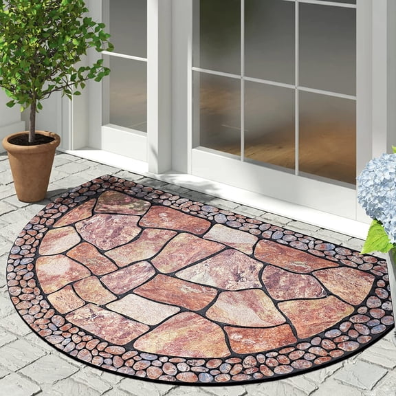 Front Door Mat Outdoor Entrance, Heavy Duty Doormat Half Circle Rug for Outside Entry, Welcome Mat for Indoor Half Round Door Mats with Non Slip Rubber (21" x 33", Cobble)