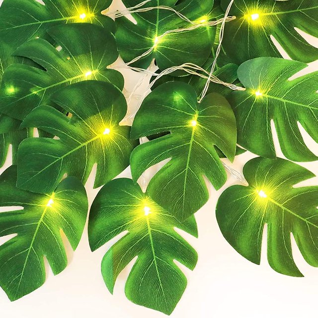 20 luces LED de cadena de hojas de Monstera, hojas de palmeras tropicales artificiales para colgar en la pared con luces, decoración de verano para fiesta hawaiana de safari en la selva Luau