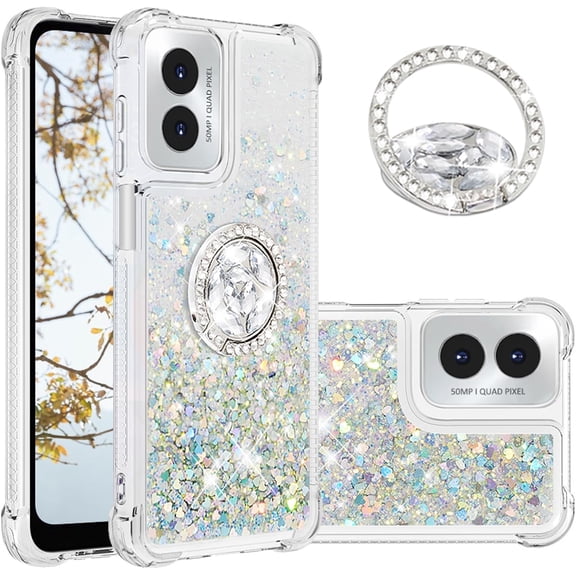 Liquid Quicksand Case for Motorola Moto G Play 4G (2024) with Diamond Kickstand, Luxury Fun Glitter Sparkle Flowing Clear Bling Cover Case for Motorola Moto G Play 4G (2024) -Silver