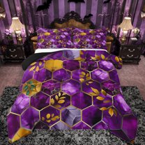Manfei Mgeometric Eaethetic Art Full Size Comforter Sets,Marble Print Bedding Comforter Set,Purple Hexagon Gold Leaves Bedding Sets For Teens,Microfiber Bedroom Decor Reversible,3pcs