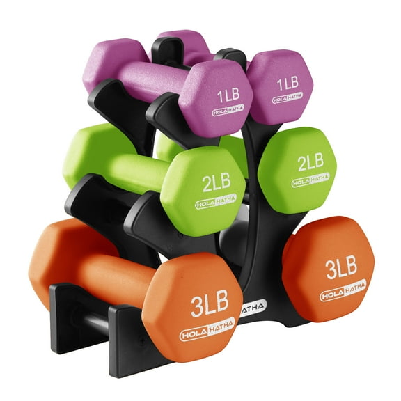 HolaHatha 1, 2, 3 lb Neoprene Dumbbell Weight Set with Rack, Multicolor