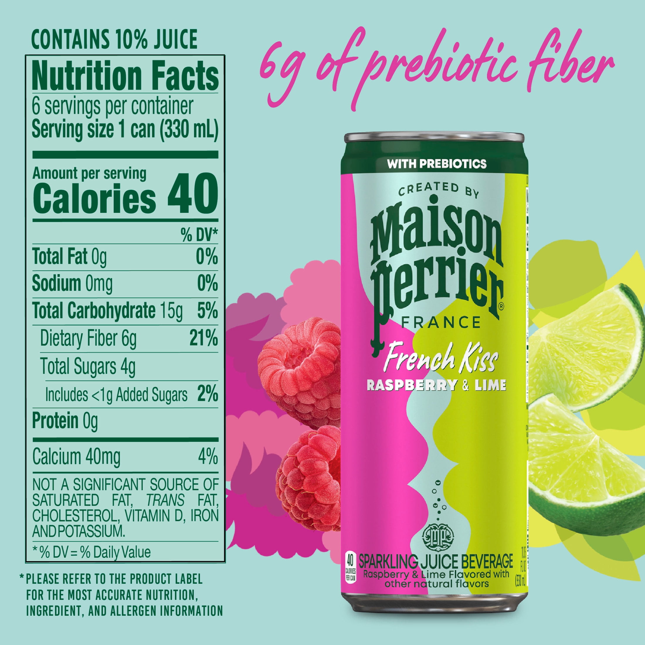 Maison Perrier French Kiss Sweetened Sparkling Water, Raspberry & Lime Flavors with Real Fruit Juices, 24PK