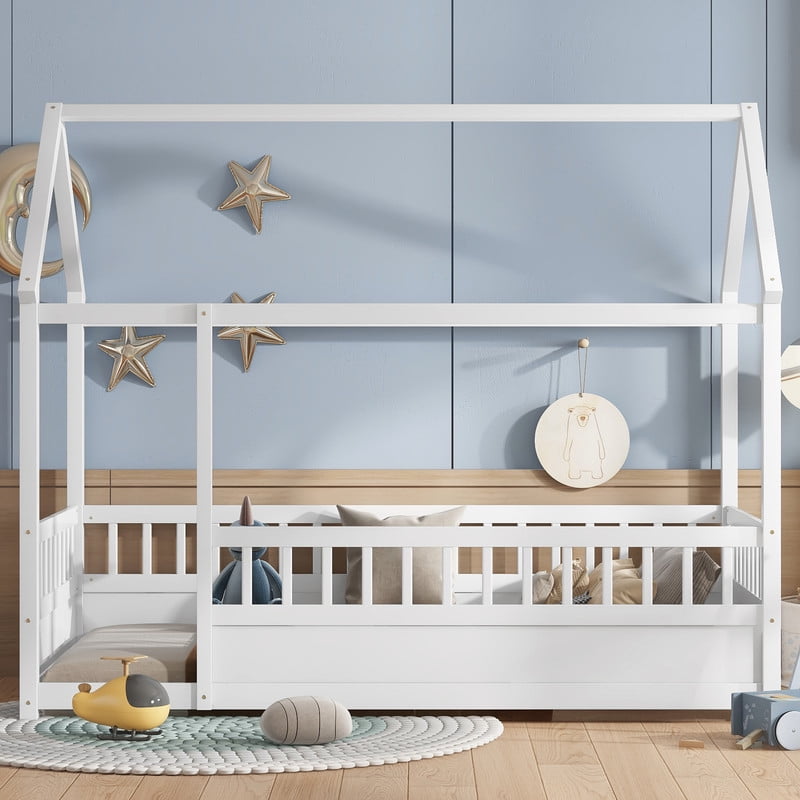 Bellemave Twin Size Montessori Bed, Wood Twin House Beds with Fence, Floor Bed with Roof for Bedroom Playroom（White）