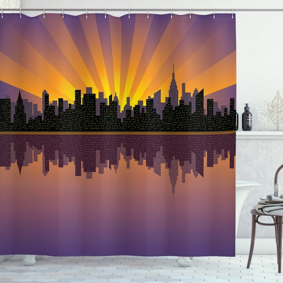 City Shower Curtain, Silhouette of Manhattan from the East River Cityscape, Fabric Bathroom Set with Hooks, 69W X 75L Inches Long, Charcoal Grey Eggplant Marigold Mauve Taupe, by Ambesonne