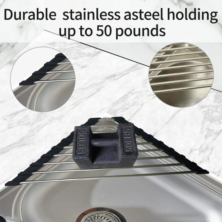 SHUYUE Triangle Dish Drying Rack for Sink Corner Roll Up Dish Drying Rack Folding Stainless Steel Multipurpose Over The Sink Corner Dish Drainer Mat for