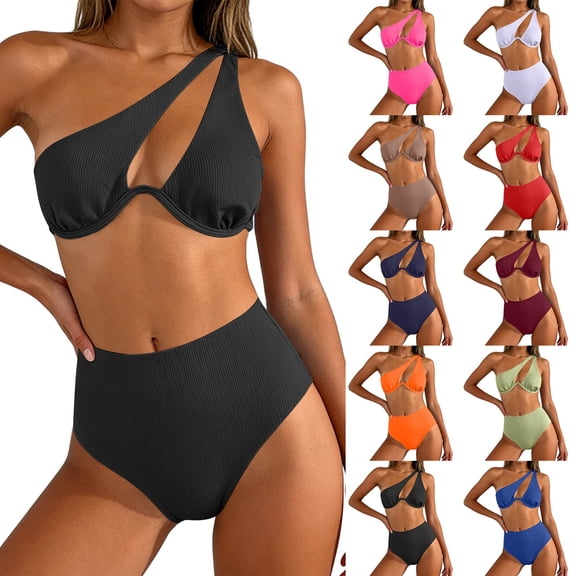 Women One Shoulder Bikini Swimsuit Hollow Out Halter High Waist Trunks Quick Dry Stretchy 2 Piece Bathing Suit (XS, Black)