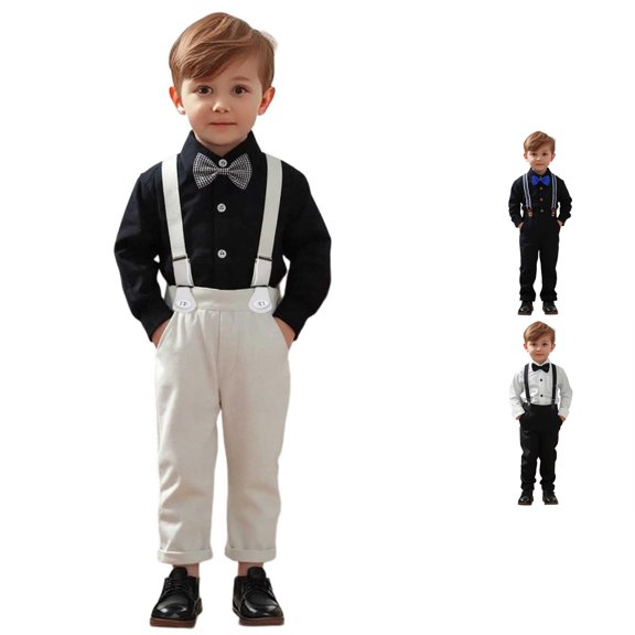 QWERTY Toddler Boys Long Sleeve Solid T Shirt Suspenders Pants Set Back to School Gentleman Formal Outfit Size 3-4 Years