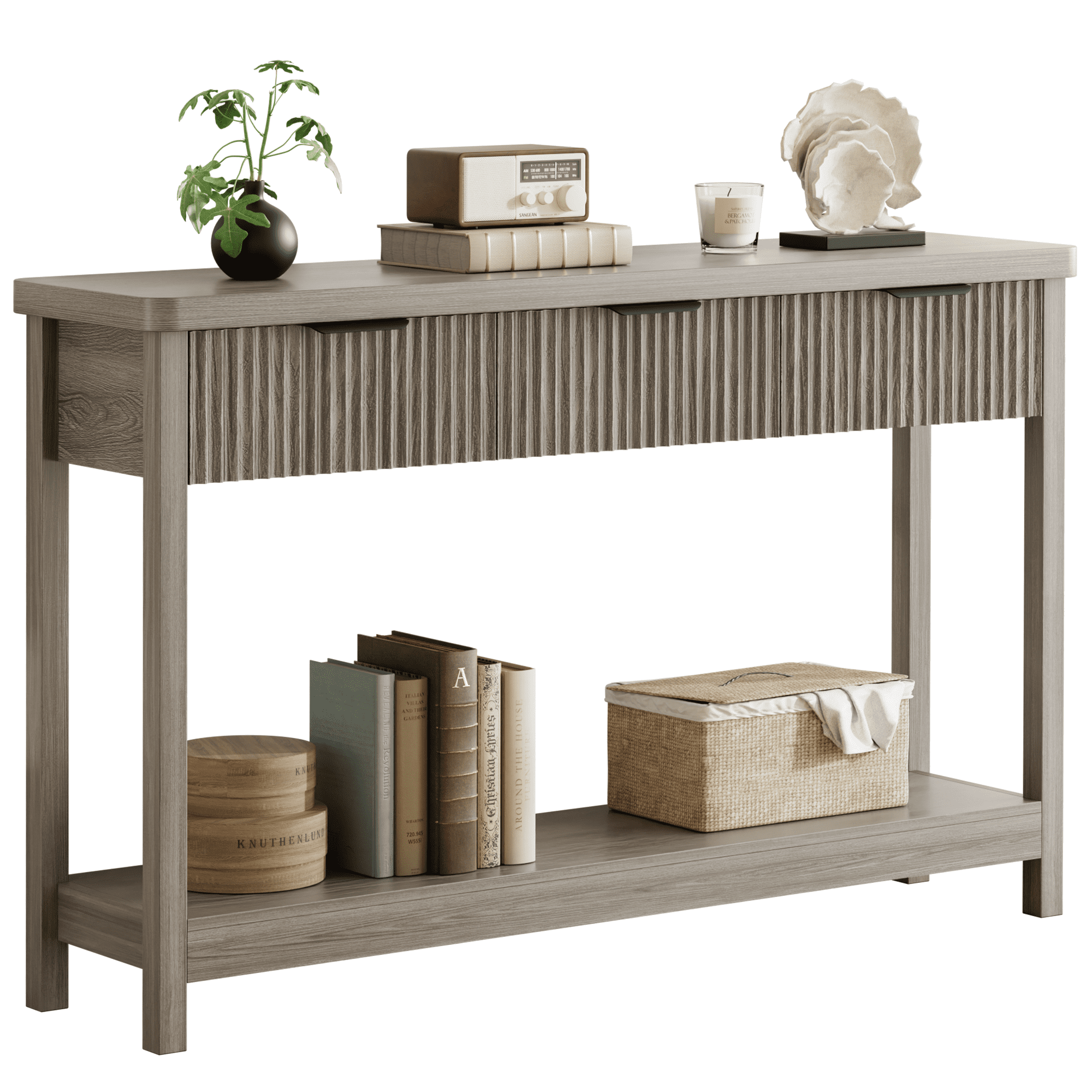 Laintene Console Table for Entryway, 51" Fluted Sofa Table with 3 Drawers and Open Shelf, Modern Narrow Display Shelf for Hallway Living Room, Gray Oak Set of 2