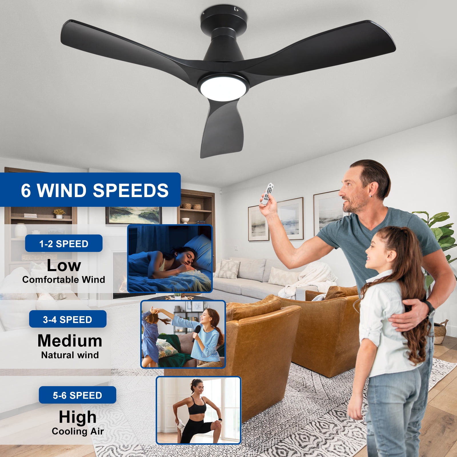 42-Inch Low Profile Flush Mount Ceiling Fan with Light - Black 3-Blade, Remote Control, Dimmable ＆ Timer, Ultra Quiet DC Motor, Hanging Fan for Indoor/Outdoor Use