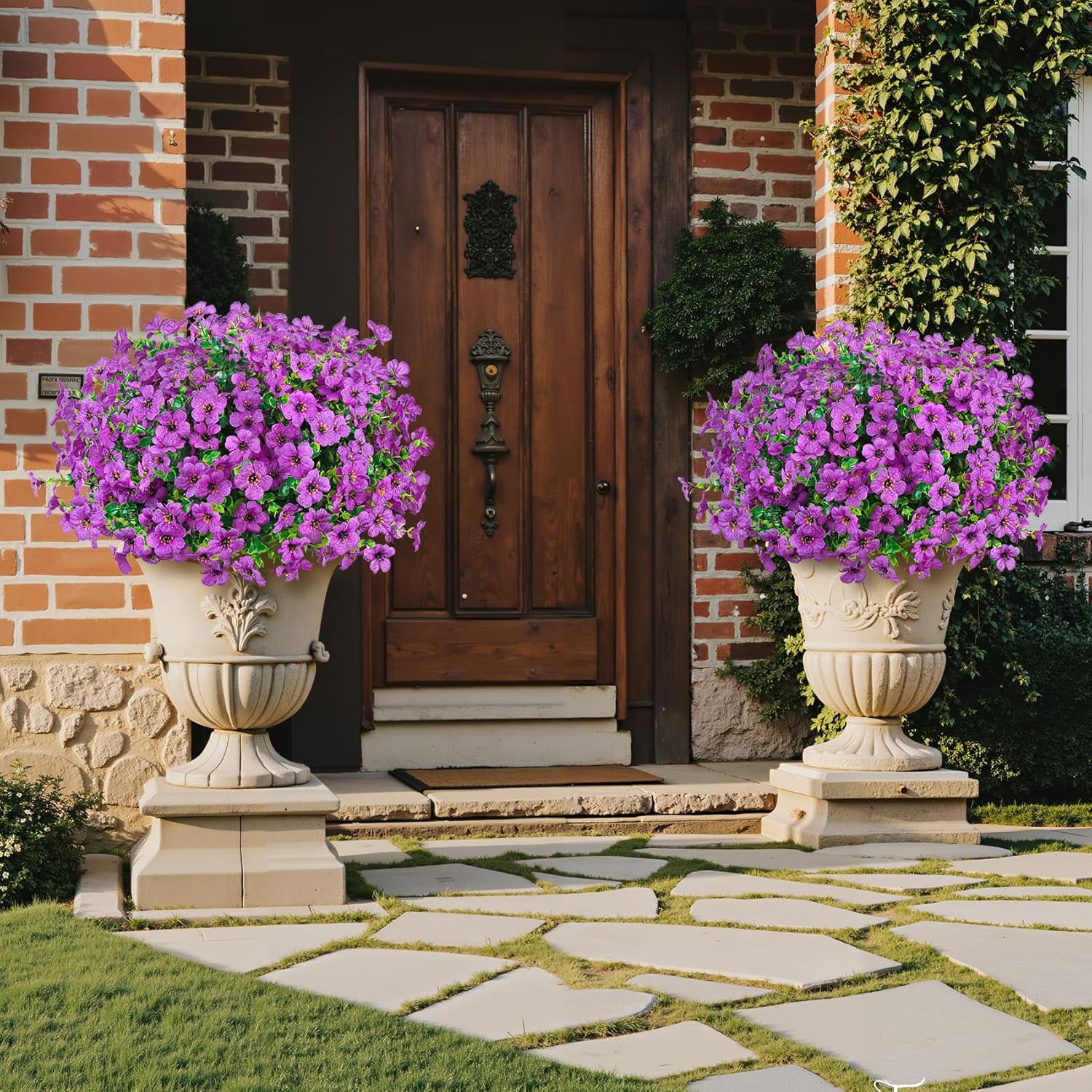 24 Bundles Artificial Flowers for Outdoors Fake Silk Flowers UV Resistant Faux Plastic Plants for Spring Summer Garden Porch Window Box Table Vase Home Indoor Outdoor Decoration, Purple