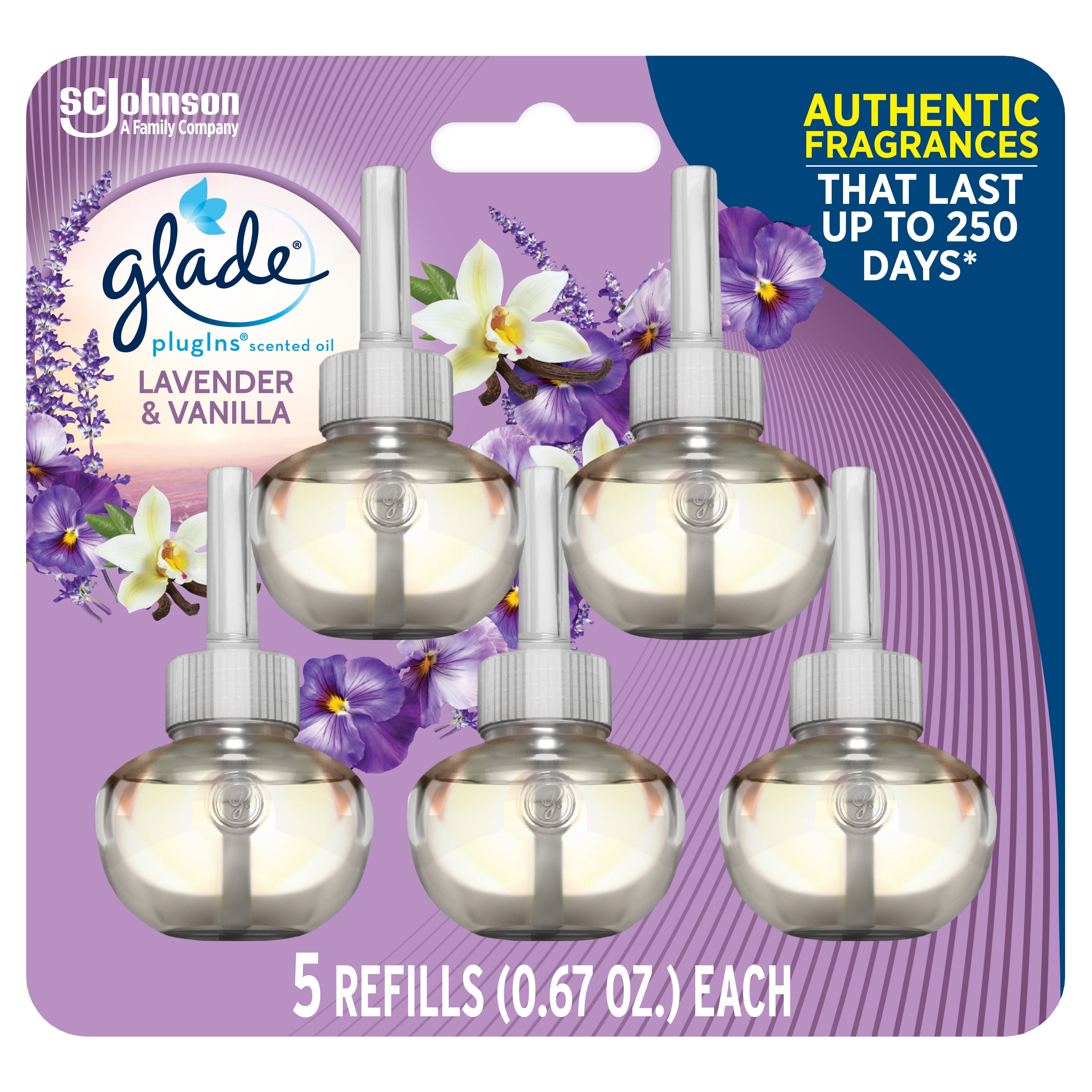 Glade PlugIns Refill 5 CT, Lavender & Vanilla, 3.35 FL. OZ. Total, Scented Oil Air Freshener Infused with Essential Oils